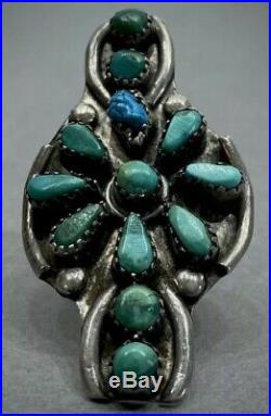 HUGE Vintage 40s Long Navajo Sterling Silver Turquoise Cluster Ring Unique