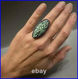 HUGE Vintage Navajo Sterling Silver Green Spiderweb Matrix Turquoise Ring WOW