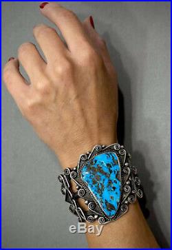 HUGE Vintage Navajo Sterling Silver Kingman Turquoise Cuff Bracelet 100 Grams