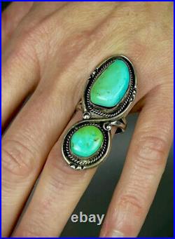 HUGE Vintage Navajo Sterling Silver Natural Green Turquoise Ring 2 Long