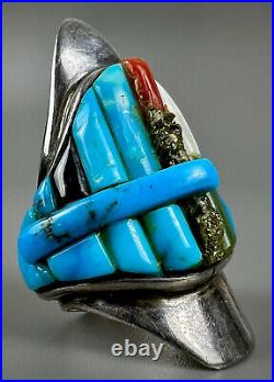HUGE Vintage Navajo Sterling Silver Turquoise Cobblestone Inlay Ring RARE