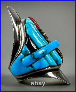 HUGE Vintage Navajo Sterling Silver Turquoise Cobblestone Inlay Ring RARE
