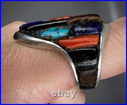 HUGE Vintage Navajo Sterling Silver Turquoise Multi Stone Cobblestone Inlay Ring