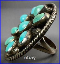 HUGE Vintage Old Pawn Navajo Sterling Silver Turquoise Cluster Ring Harvey Era