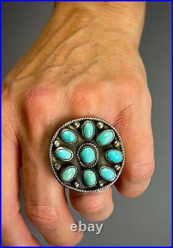HUGE Vintage Old Pawn Navajo Sterling Silver Turquoise Cluster Ring Harvey Era