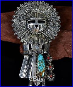 HUGE Vintage Old Pawn Navajo TURQUOISE KACHINA 3D Sterling BOLO TIE