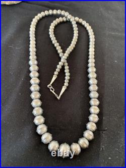 Hand Stamped Bench Navajo Pearls Graduated Sterling Silver Bead Necklace 24 Hand Stamped Bench Navajo Pearls Graduated Sterling Silver Bead Necklace 24