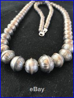 Hand Stamped Bench Navajo Pearls Graduated Sterling Silver Bead Necklace 24