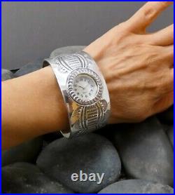 Handmade Native American Vintage Sterling Silver Navajo Wide Cuff Watch Bracelet
