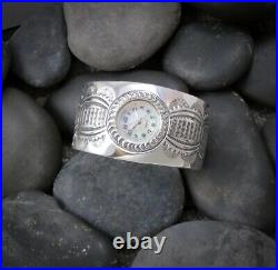 Handmade Native American Vintage Sterling Silver Navajo Wide Cuff Watch Bracelet