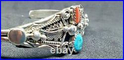 Handmade Navajo Sterling Silver Turquoise and Coral Bracelet