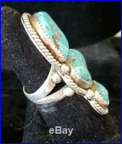 Heavy Huge 3 Stone Solid STERLING OLD PAWN Navajo Handmade Turquoise Ring SZ 7