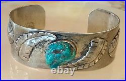 Heavy Navajo Sterling Silver Turquoise Nugget Leaf Cuff Bracelet 29.17g