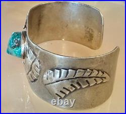 Heavy Navajo Sterling Silver Turquoise Nugget Leaf Cuff Bracelet 29.17g