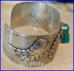 Heavy Navajo Sterling Silver Turquoise Nugget Leaf Cuff Bracelet 29.17g