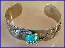 Heavy Navajo Sterling Silver Turquoise Nugget Leaf Cuff Bracelet 29.17g