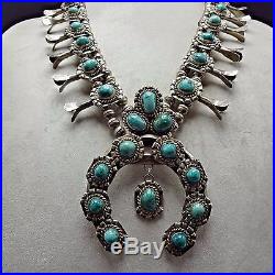 Heavy Vintage NAVAJO Sterling Silver & Turquoise SQUASH BLOSSOM Necklace