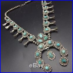 Heavy Vintage NAVAJO Sterling Silver & Turquoise SQUASH BLOSSOM Necklace