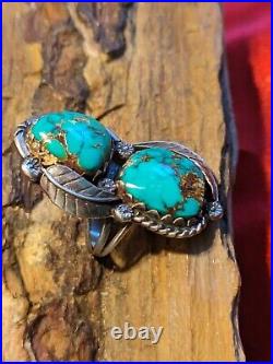 Huge Estate Navajo Sterling Silver Double Turquoise Squash Blossom Ring