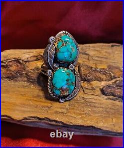 Huge Estate Navajo Sterling Silver Double Turquoise Squash Blossom Ring