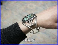 Huge Native American Navajo Sterling Silver Sandcast Turquoise Cuff Bracelet