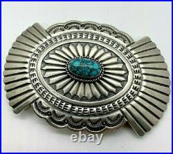 Huge Navajo Sterling Silver Turquoise Reeved Belt Buck Signed L Platero #DS22