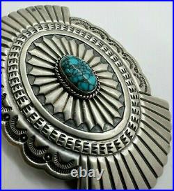 Huge Navajo Sterling Silver Turquoise Reeved Belt Buck Signed L Platero #DS22