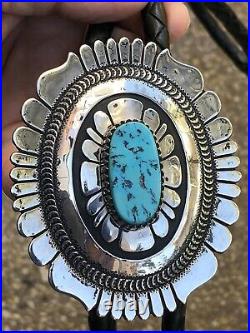 Huge! Old NAVAJO SOUTHWESTERN Thomas Singer TURQUOISE STERLING SILVER BOLO TIE