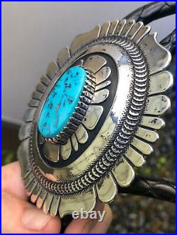 Huge! Old NAVAJO SOUTHWESTERN Thomas Singer TURQUOISE STERLING SILVER BOLO TIE
