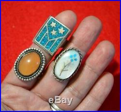 Huge Vintage Native Zuni Navajo Sterling Silver Turquoise Coral Ring Lot of 16