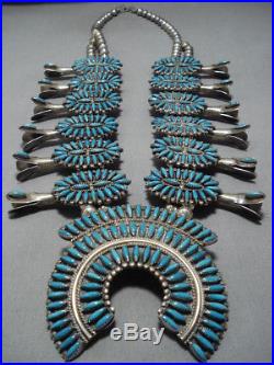 Huge Vintage Navajo Needle Turquoise Sterling Silver Squash Blossom Necklace