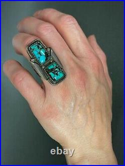Huge Vintage Navajo Sterling Silver Green Spiderwebbed Turquoise Ring 15 Grams