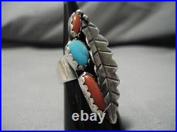 Huge Vintage Navajo Turquoise Coral Sterling Silver Leaf Ring Old