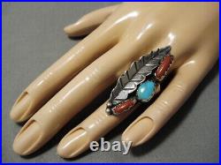 Huge Vintage Navajo Turquoise Coral Sterling Silver Leaf Ring Old