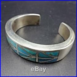 IMHSS Vintage NAVAJO Solid Sterling Silver & TURQUOISE Inlay Cuff BRACELET 46.4g