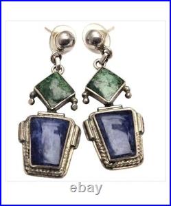 Important Deceased Vera Yazzie Lapis Lazuli Azurite Sterling Silver Earrings