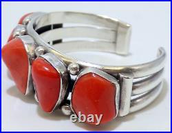 Incredible STERLING SILVER Mary Morgan CORAL Navajo STAMPED CUFF BRACELET 76.8 G
