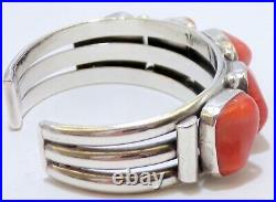 Incredible STERLING SILVER Mary Morgan CORAL Navajo STAMPED CUFF BRACELET 76.8 G