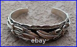 Intricate STERLING SILVER Native American Feather CUFF BRACELET signed TB 6