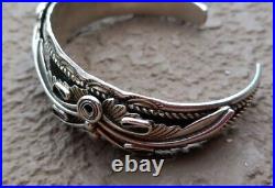 Intricate STERLING SILVER Native American Feather CUFF BRACELET signed TB 6