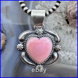 Jeff James Native American Sterling Silver Pink Conch Decorated Heart Pendant Jeff James Native American Sterling Silver Pink Conch Decorated Heart Pendant