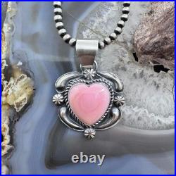 Jeff James Native American Sterling Silver Pink Conch Decorated Heart Pendant