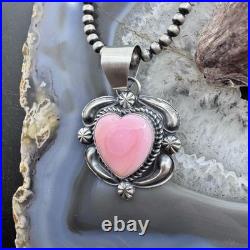 Jeff James Native American Sterling Silver Pink Conch Decorated Heart Pendant