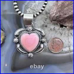Jeff James Native American Sterling Silver Pink Conch Decorated Heart Pendant