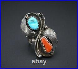 Juan Martinez Navajo Sterling Silver Turquoise Coral Finger Ring Size 8 RS2792