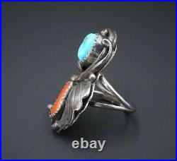 Juan Martinez Navajo Sterling Silver Turquoise Coral Finger Ring Size 8 RS2792