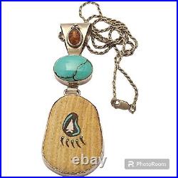 Judi Yates Navajo Turquoise Amber & Pottery Sterling Silver Pendant Necklace