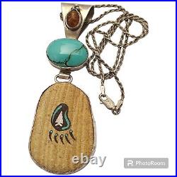 Judi Yates Navajo Turquoise Amber & Pottery Sterling Silver Pendant Necklace