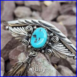 KB Signed Navajo Sterling Silver Turquoise Feather Dangle Cuff Bracelet