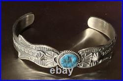 Kevin Billah Navajo Handmade Sterling Silver Stamped Kingman Turquoise Cuff sign